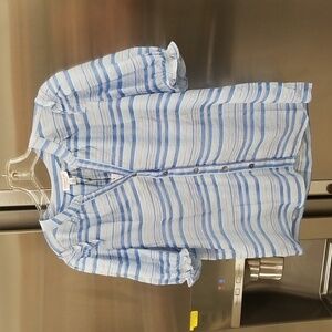 💕CURRENT AIR💕 Short Sleeve Ruffled Split Neck Blouse Blue Striped Medium M NWT